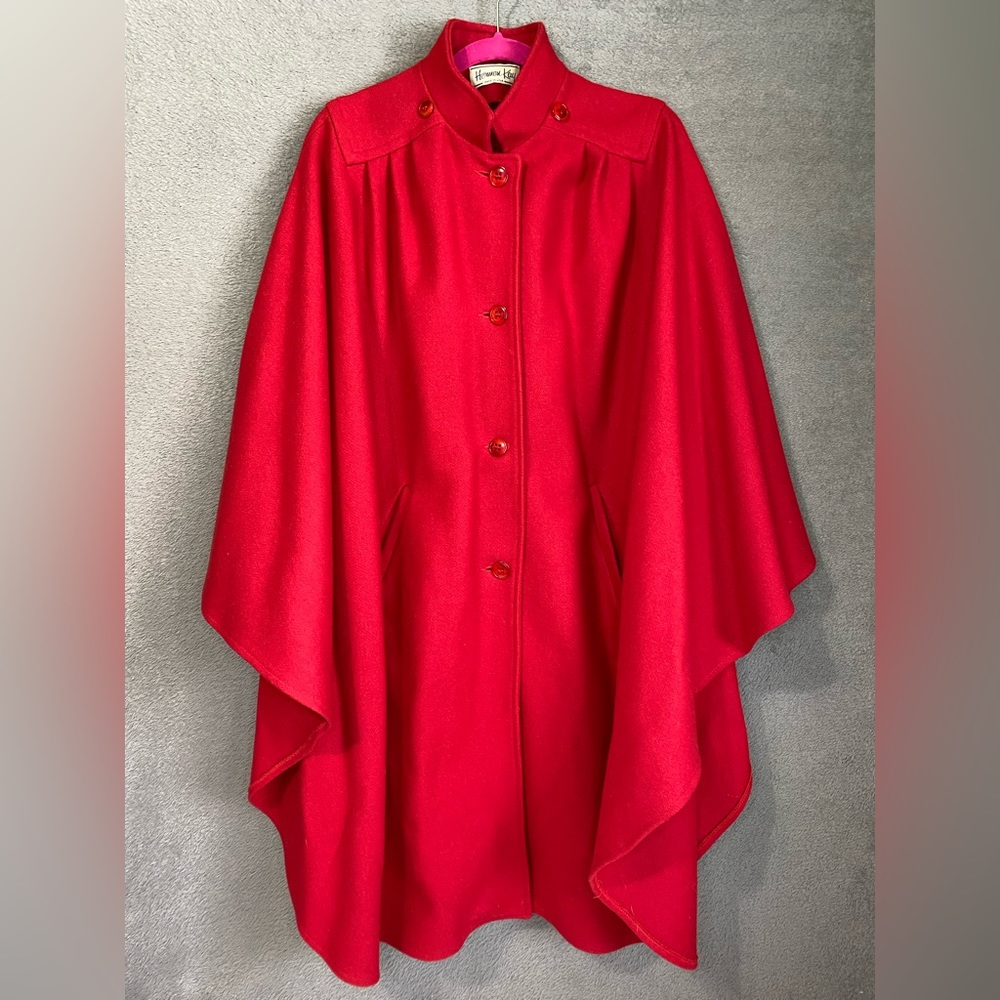 Vintage Herman Kay Red Wool Blend Cape Overcoat One Size With Pockets  USA